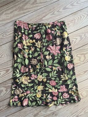 Vintage GAP Brown Floral Midi Skirt with Pink & Yellow Blooms